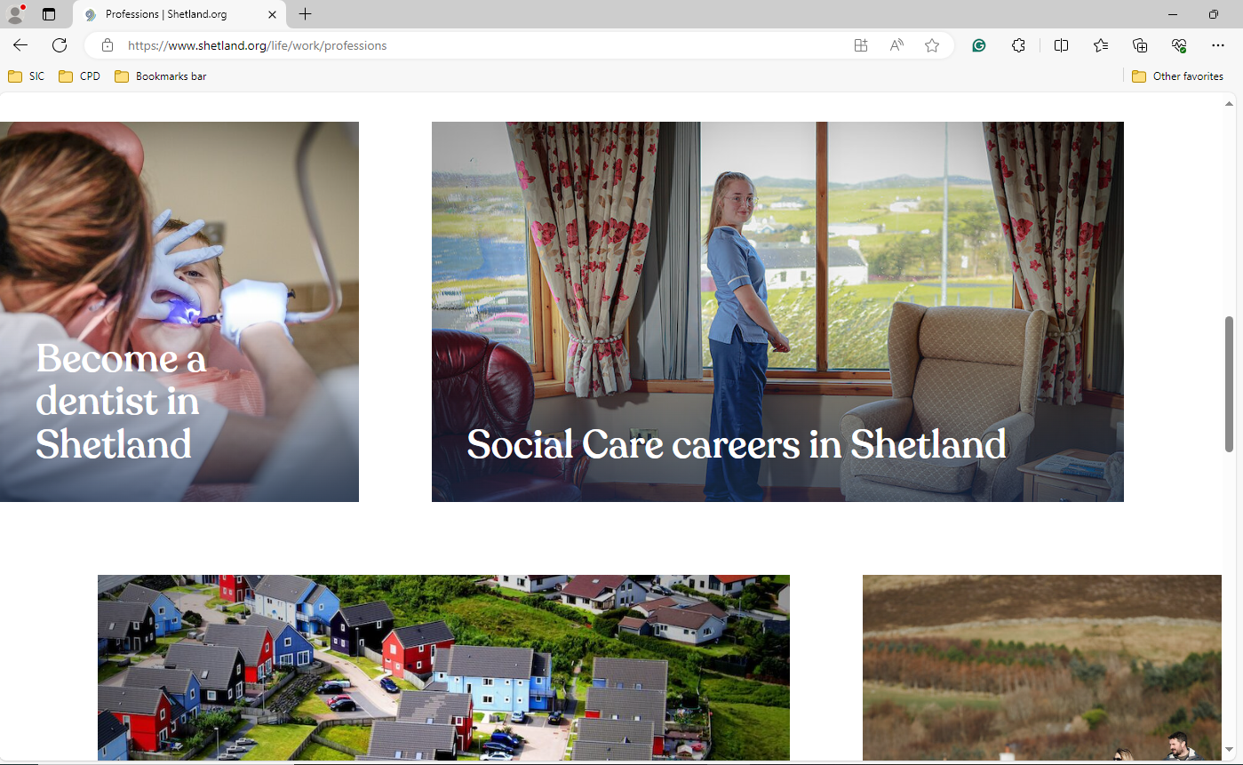 A screencapture of the promote shetland website showing the professions page